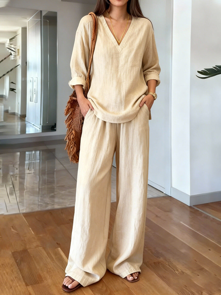 Women's V-Neck Linen Wide-Leg Two-Piece Set