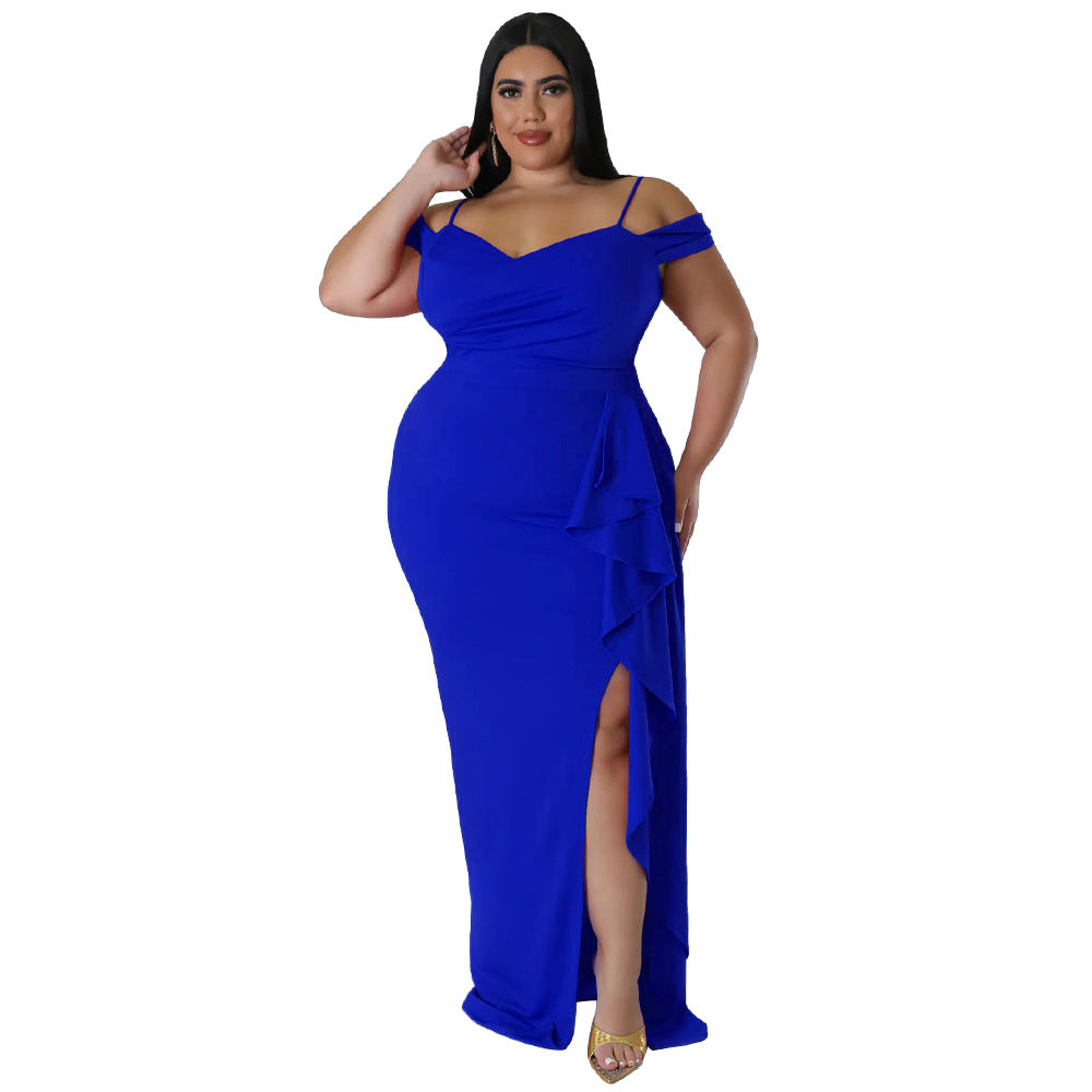 Ruffled Sling Dress with High Slit