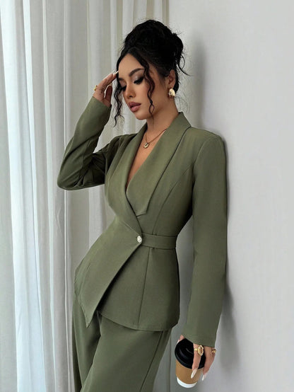 Women's V Neck Long Suit Jacket Wide Leg Pants Two Piece Set