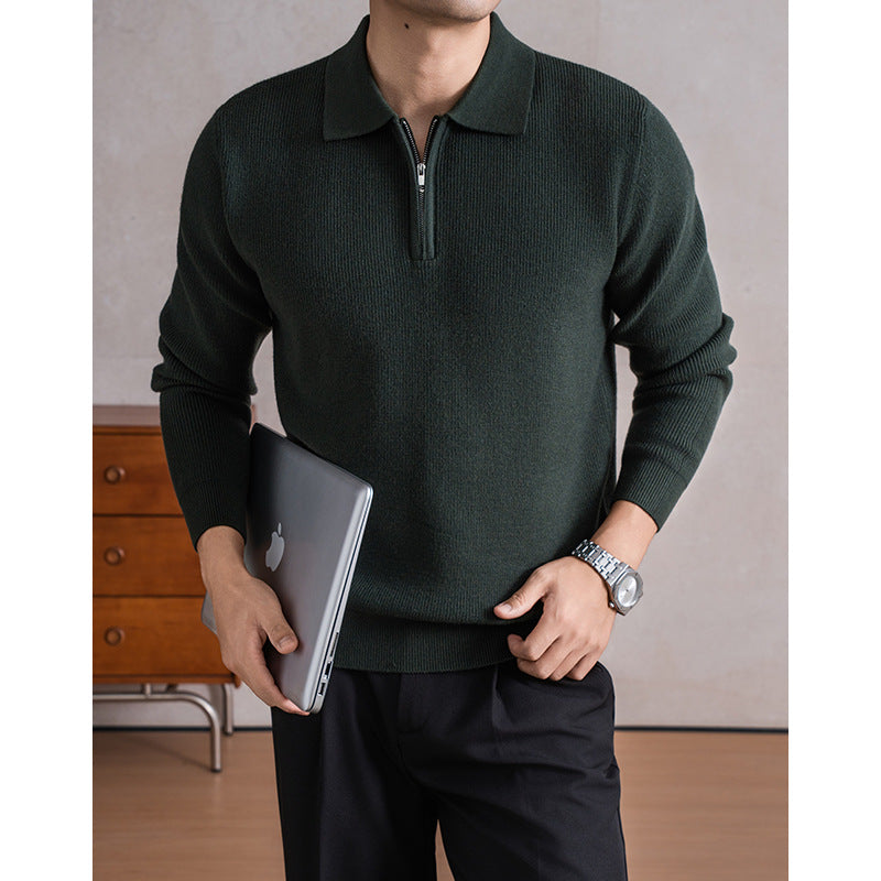 Men's Zippered Sheep Wool Blend Thickened Knit Sweater with Anti-Pilling Feature