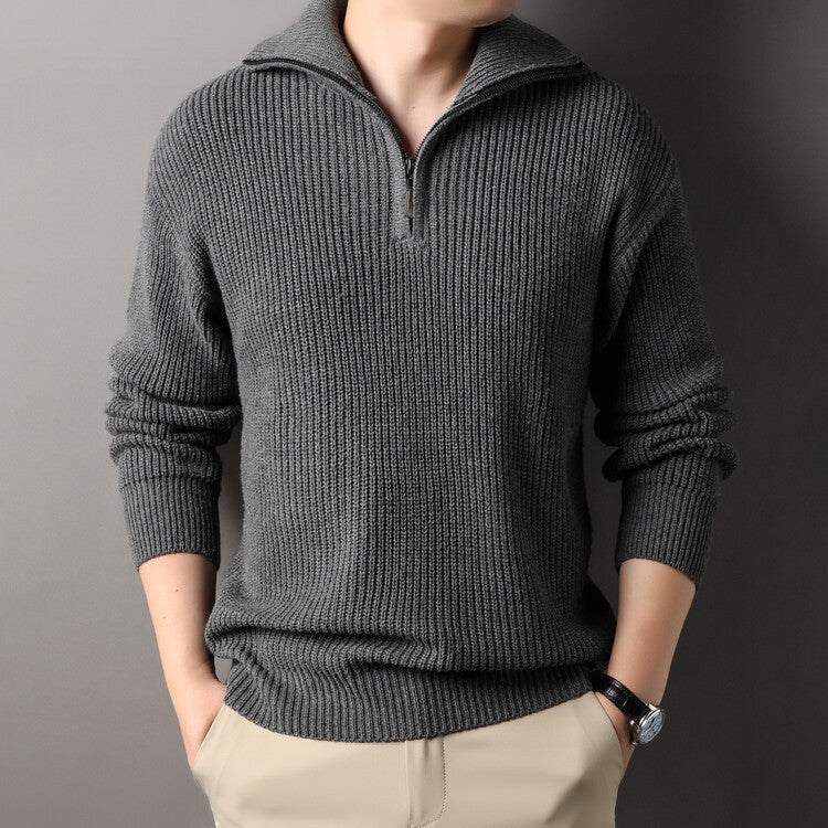 Men's Solid Color Long-Sleeve Turn-Down Collar Knitted Sweater
