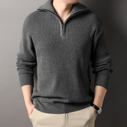 Men's Solid Color Long-Sleeve Turn-Down Collar Knitted Sweater