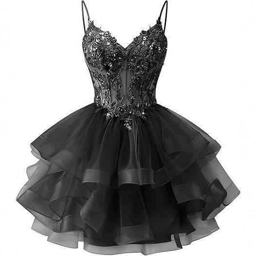 Spaghetti Strap Beaded Sequined Puffy Evening Dress