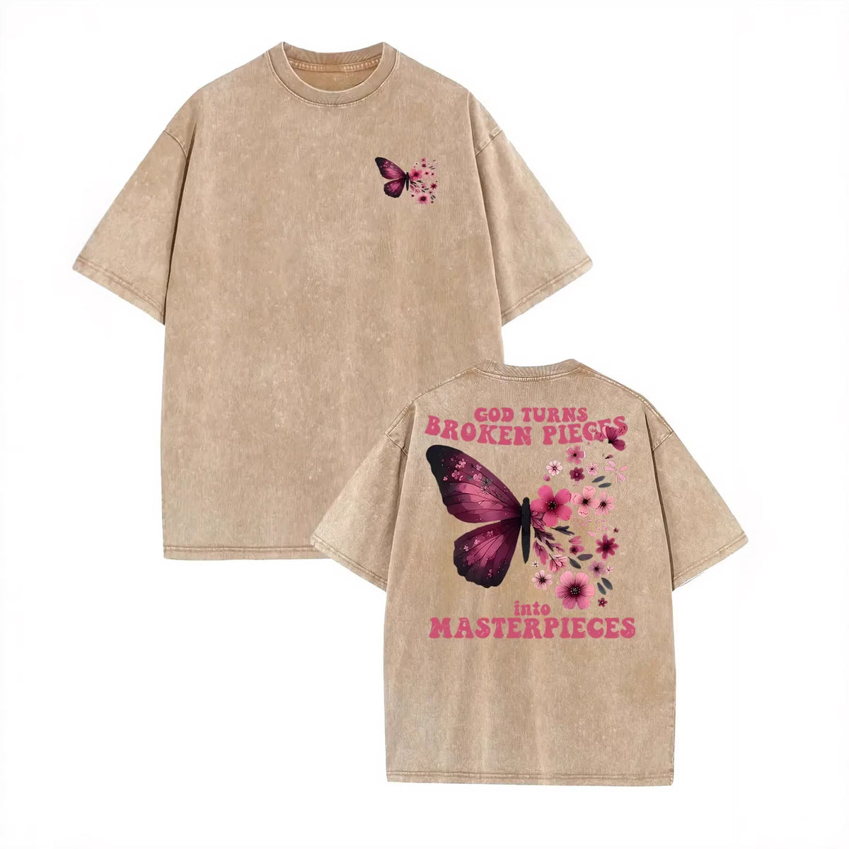 Vintage Washed Cotton T-Shirt with Butterfly Print