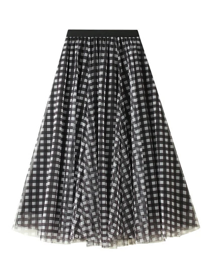 Qooth Women Patchwork Plaid Mesh Skirt Vintage High Waist Long Tulle A-line Skirt For Spring Summer