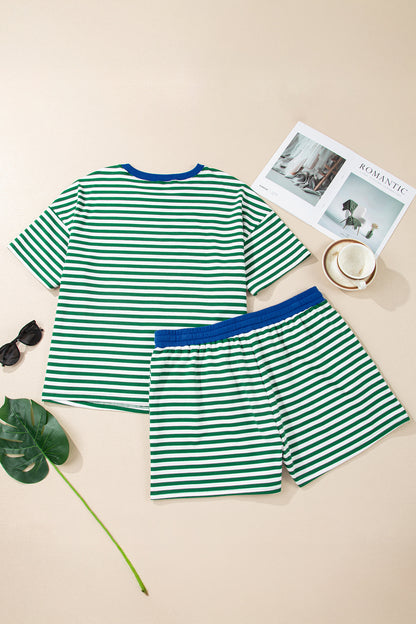 Gestreepte boxy T-shirt en shorts met trekkoord elastische tailleband plus size