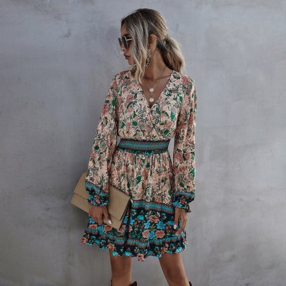 Dames hoge taille geplooide A-lijn rok casual bohemian print jurk