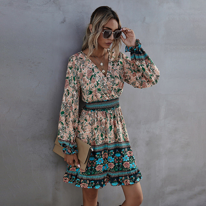 Dames hoge taille geplooide A-lijn rok casual bohemian print jurk