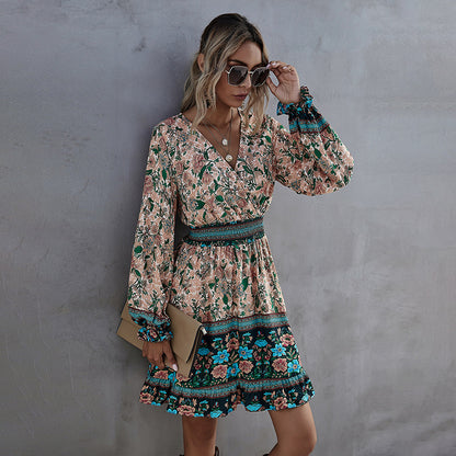 Dames hoge taille geplooide A-lijn rok casual bohemian print jurk