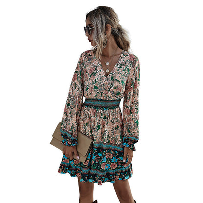 Dames hoge taille geplooide A-lijn rok casual bohemian print jurk