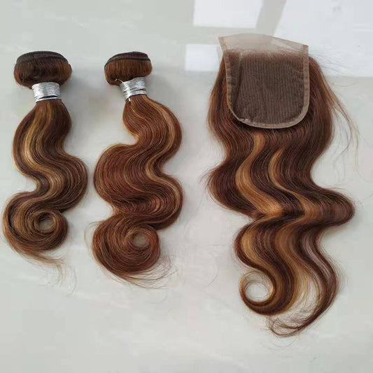 Real Hair Weave Colorblock Body Wave Human Hair Bundle With Closure