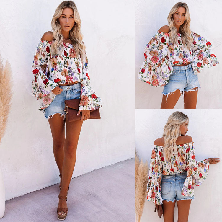 Bedrukte off-shoulder blouse met uitlopende mouwen