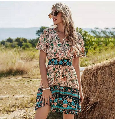 Dames hoge taille geplooide A-lijn rok casual bohemian print jurk