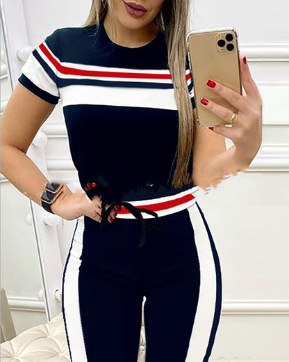 Set van top met korte mouwen kleurblok strepen en trekkoordbroek