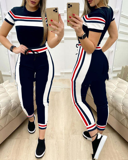 Set van top met korte mouwen kleurblok strepen en trekkoordbroek