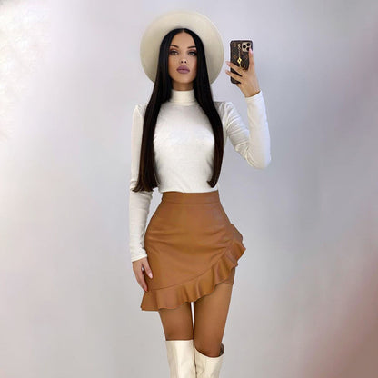 Hoge taille PU-leren mini-rok met ruches