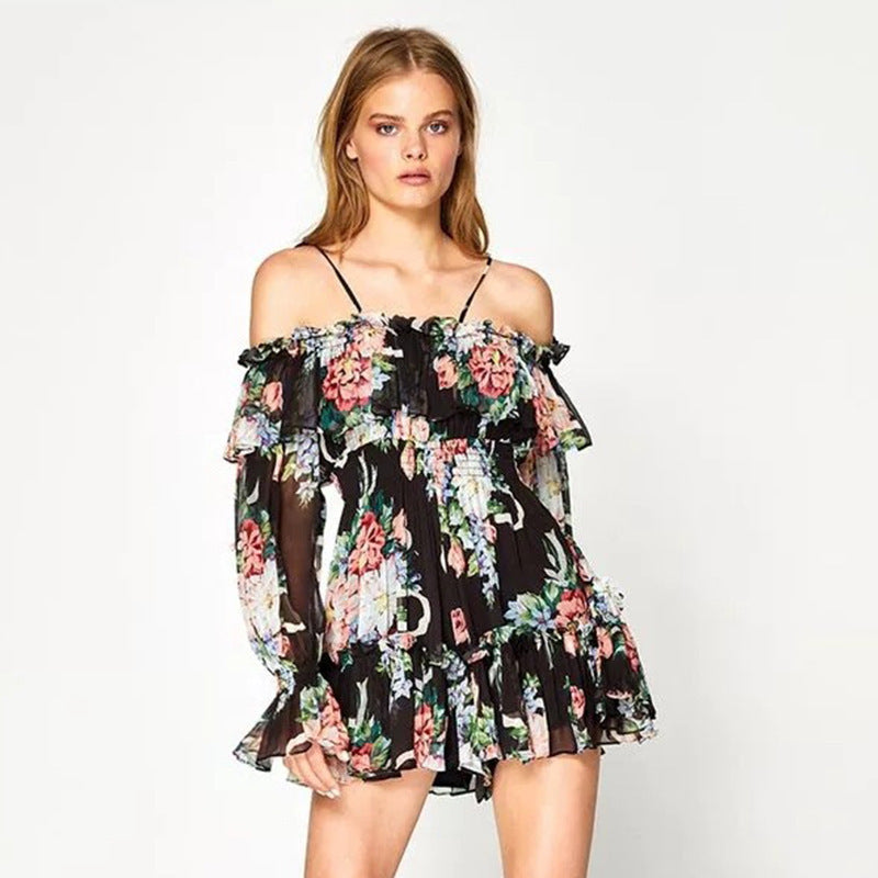 Luxe borduurwerk off-shoulder volant bloemenjurk