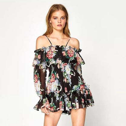 Luxe borduurwerk off-shoulder volant bloemenjurk