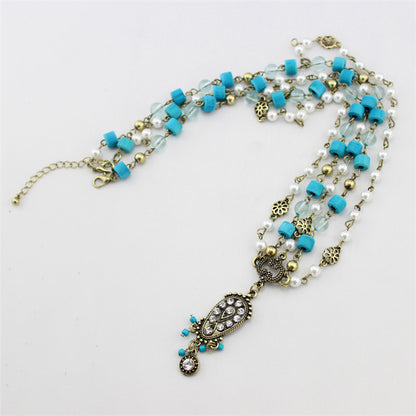 Boheemse turquoise parel diamant hoofdketting