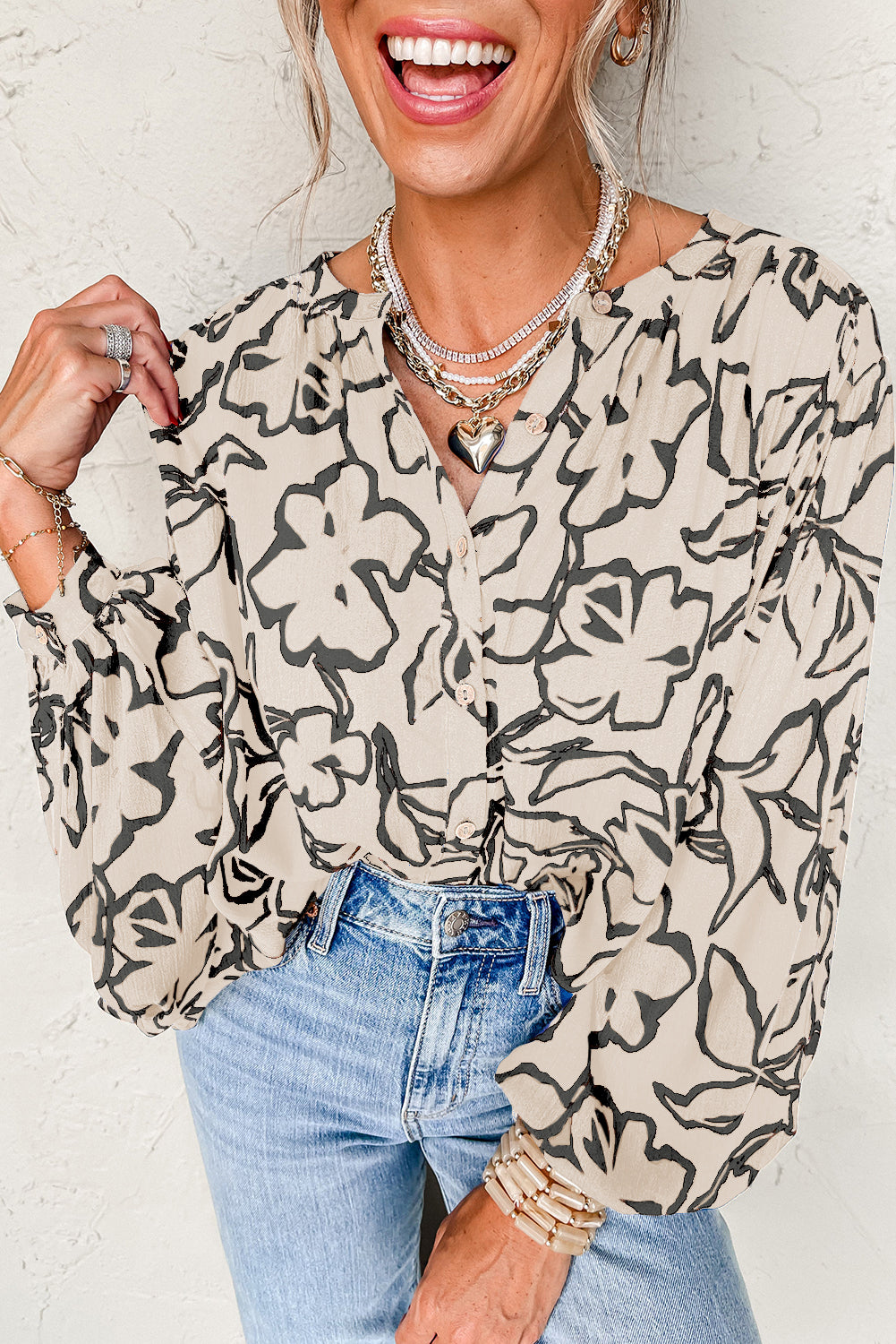 Losse blouse met bloemenprint vleermuismouwen en knoopsluiting