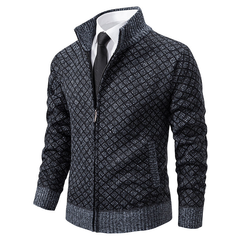Autumn and Winter Velvet Thickeneded Casual Cardigan Sweater Men's Stand-Up Collar Outer Hooded Zipper Knitted Sweater Jacket