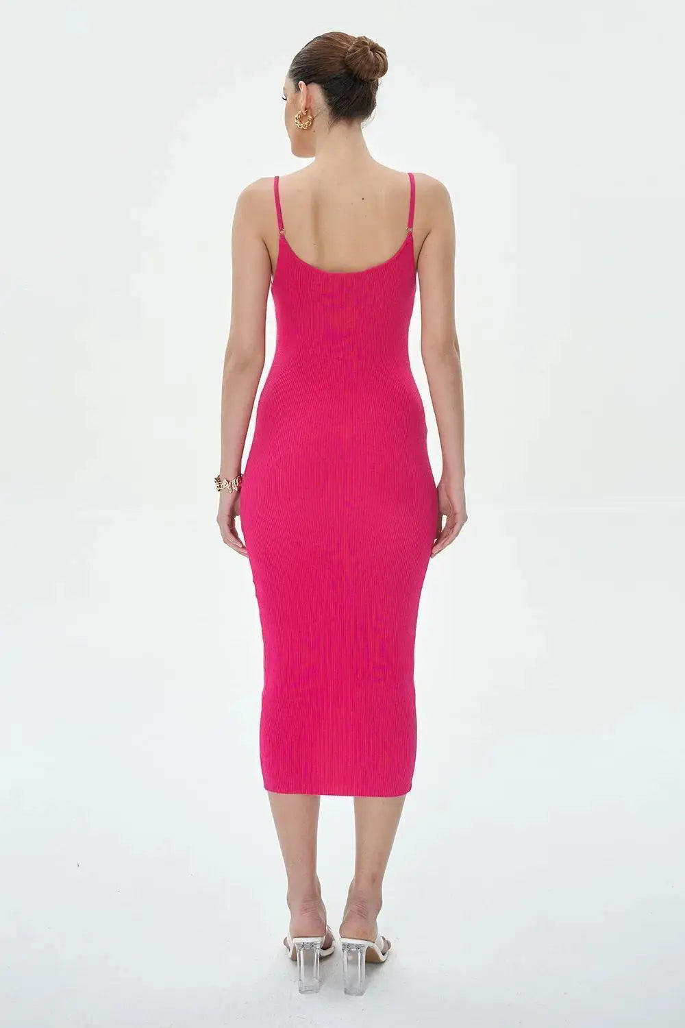 Summer Single Breasted Rib Knitted Dress Women Spaghetti Strap Midi Split Dresses
