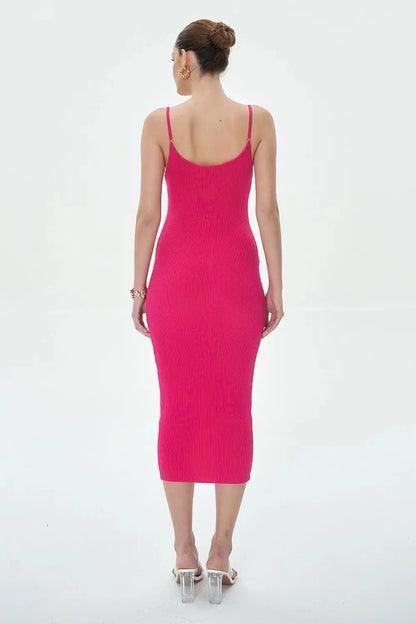Summer Single Breasted Rib Knitted Dress Women Spaghetti Strap Midi Split Dresses