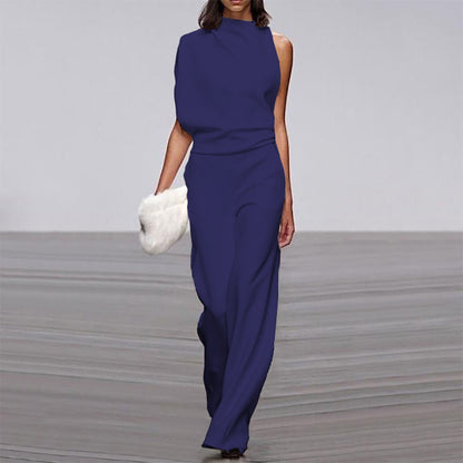 Womens Solid Color One Shoulder Ruched Collar Jumpsuit