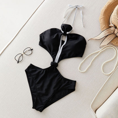 Pure Black One-piece Bikini Swimsuit Feminine Hollow One-piece