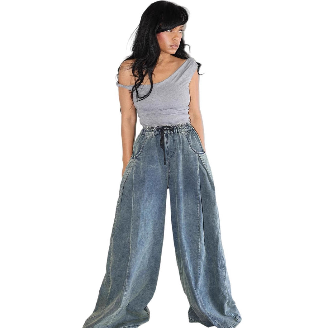Casual Women's Straight Leg Jeans with Elastic Waist and Drawstring, Street Fashion StyleDenim Pants