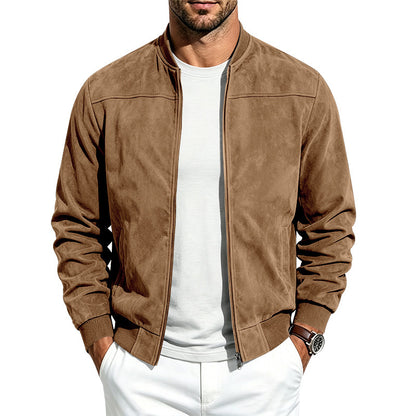 Men Casual Suede Zip Up Jacket Long Sleeve Outerwear