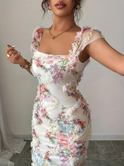 Elegant Mesh Floral Print Pleated Dress