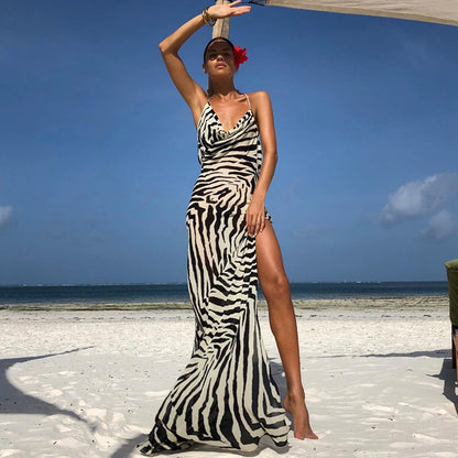 Zebra Print High Slit Lace Up Dress