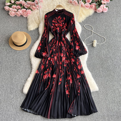Elegant Fashionable Charm  Style French Print Pleated Dress