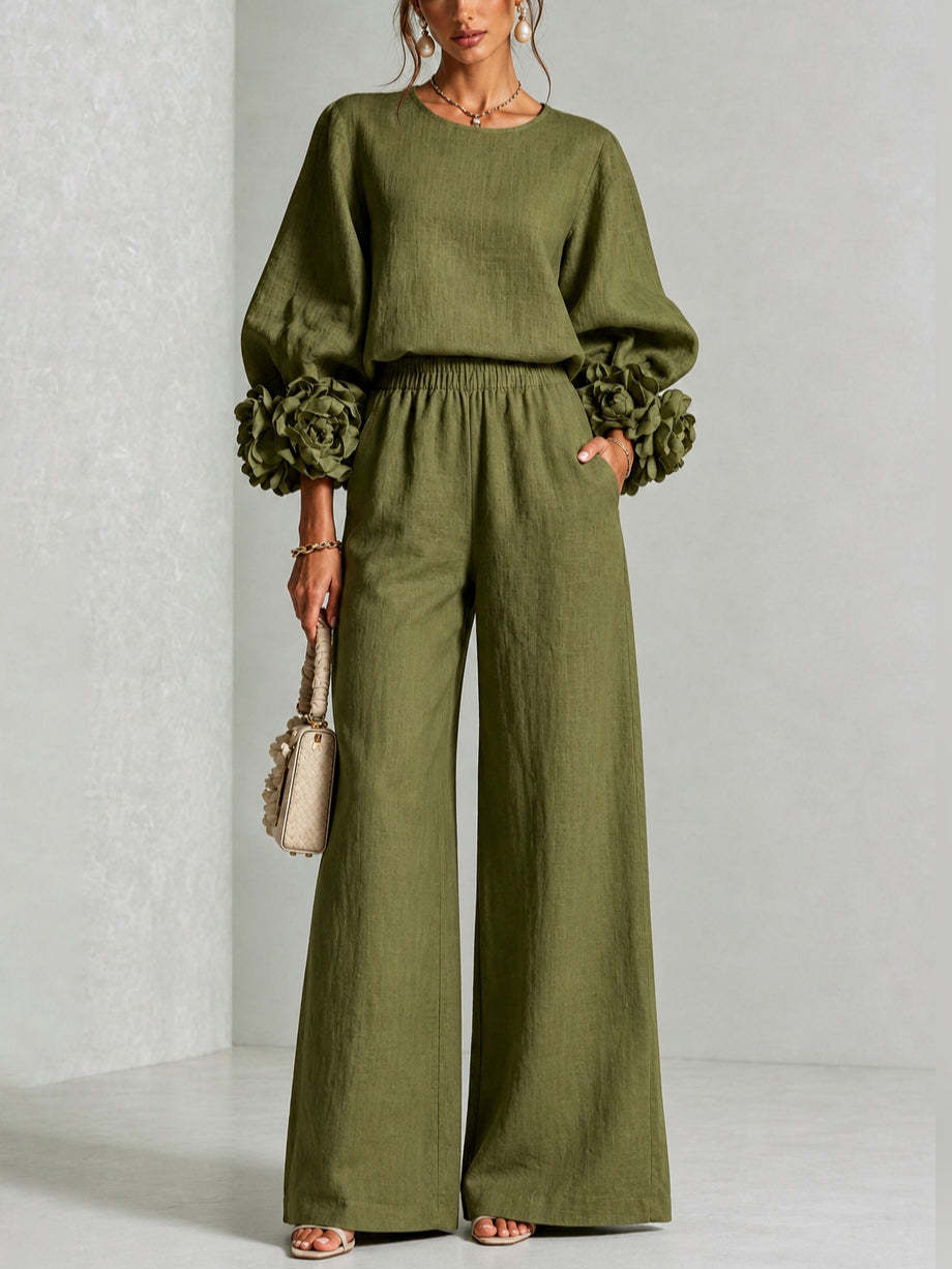 Women's Two-Piece Set Lantern Sleeve Top and Wide-Leg Pants Casual Loose Suit