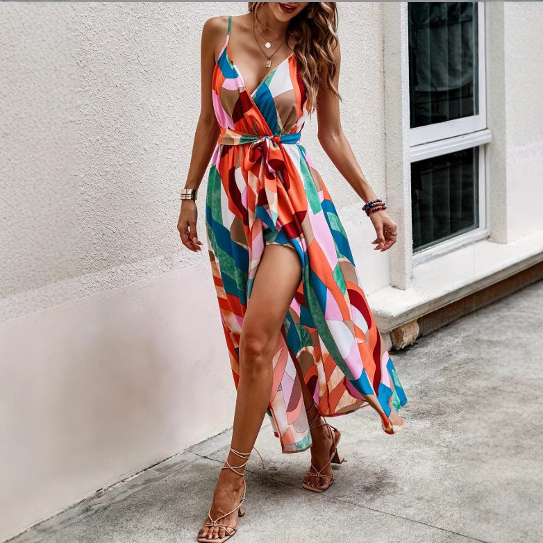 V Neck Suspender Geometric Dress