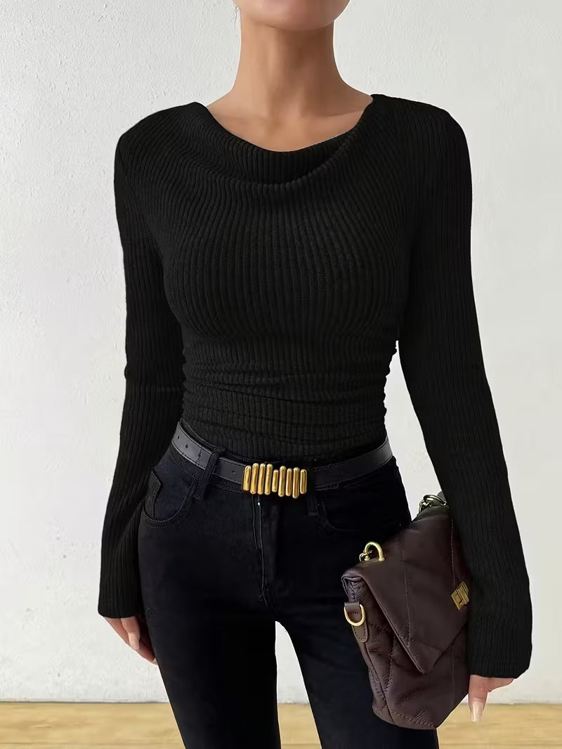 Women's solid-color long-sleeved knitted pullover sweater