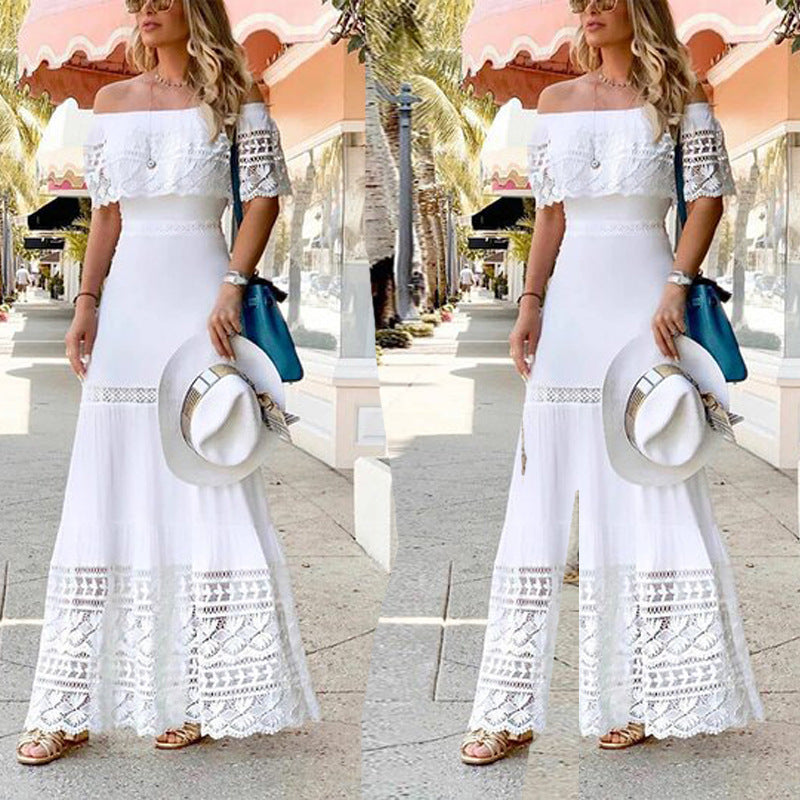 2025 new European and American Foreign trade cross-border independent station Amazon Fashion off-neck stitching lace dress wholesale