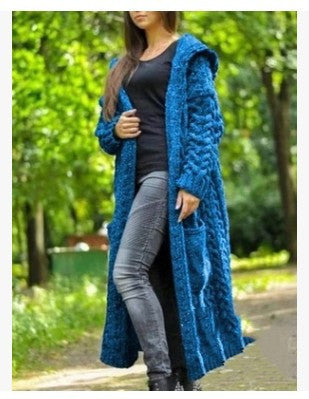 Gebreide lange vest met capuchon en zakken