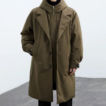 Men's faux two-piece hooded mid-length windbreaker