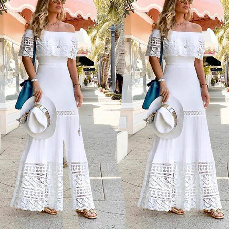 2025 new European and American Foreign trade cross-border independent station Amazon Fashion off-neck stitching lace dress wholesale