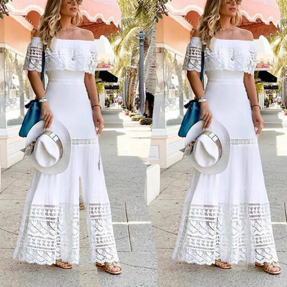 2025 new European and American Foreign trade cross-border independent station Amazon Fashion off-neck stitching lace dress wholesale