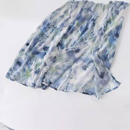 European and American summer new fashionable high waisted temperament pleated printed dress long skirt
