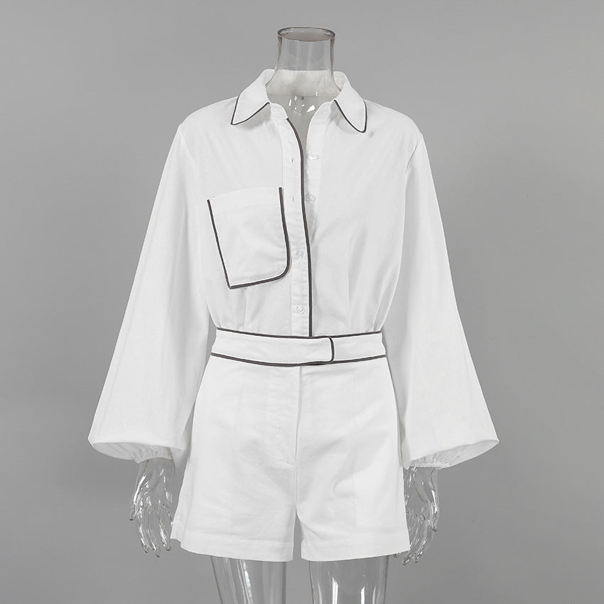 Loose Cotton Linen Long Sleeve Short Pants Two-piece Set Women's Loungewear for Outer Wear