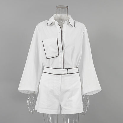 Loose Cotton Linen Long Sleeve Short Pants Two-piece Set Women's Loungewear for Outer Wear