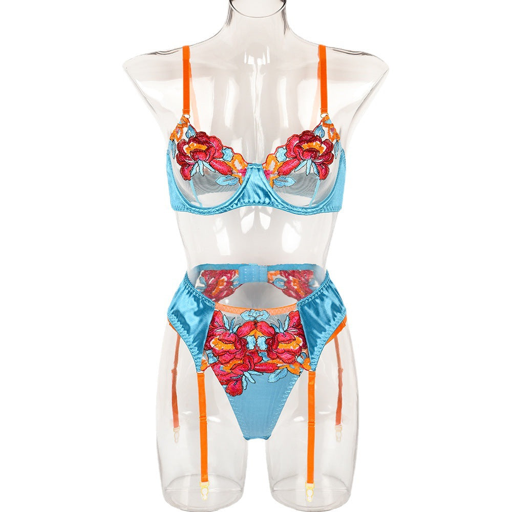 Sexy Three Piece Set Of Cross-Border Explosive Embroidery Large Flower Satin Stitching High-End Complex Craft Underwear