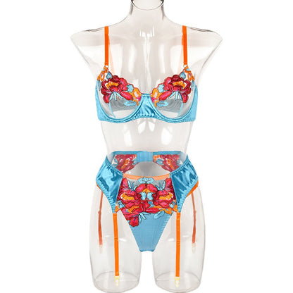 Sexy Three Piece Set Of Cross-Border Explosive Embroidery Large Flower Satin Stitching High-End Complex Craft Underwear