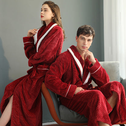Long Thick Flannel Couple Bathrobe with Lapel Collar