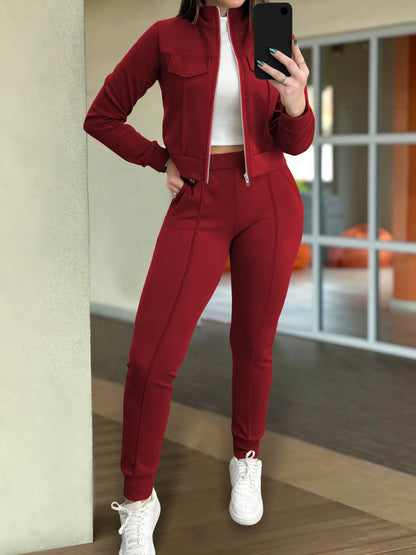 Effen kleur dames casual lange mouwen vest en broek tweedelig set