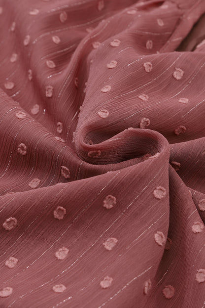 Vurig rode blouse met Zwitserse stippen vetersluiting V-hals en ruches
